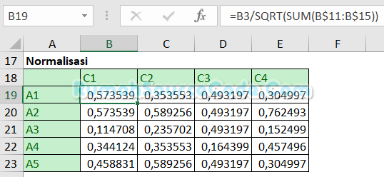 TOPSIS Excel Normalisasi