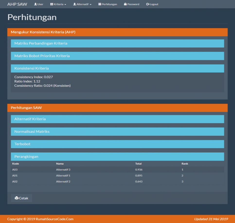 Source Code SPK Metode AHP SAW PHP