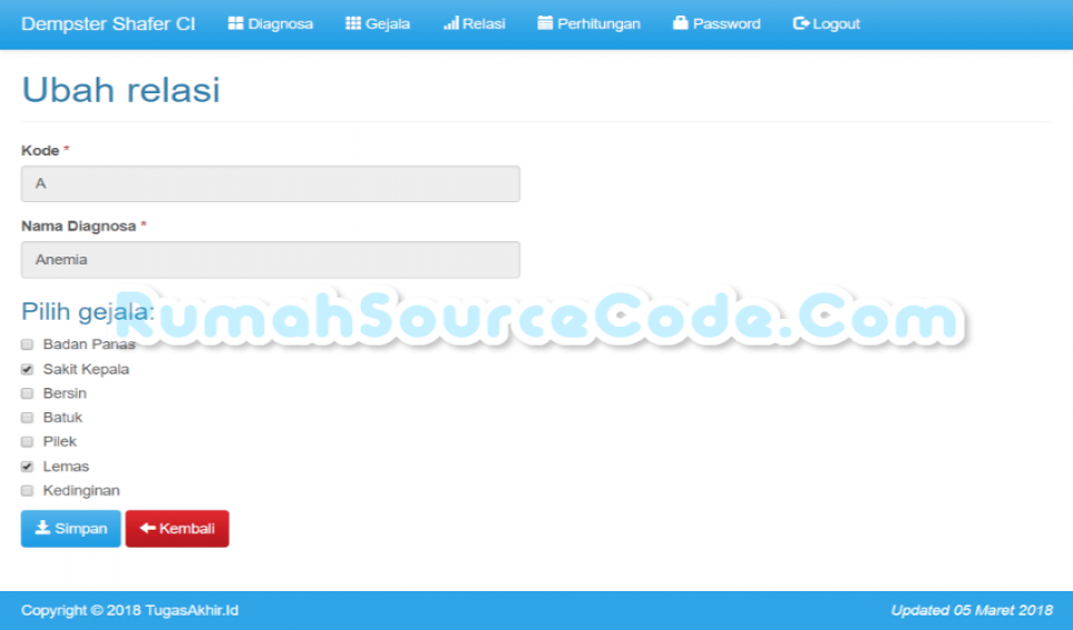 Source Code Sistem Pakar Metode Dempster Shafer Codeigniter