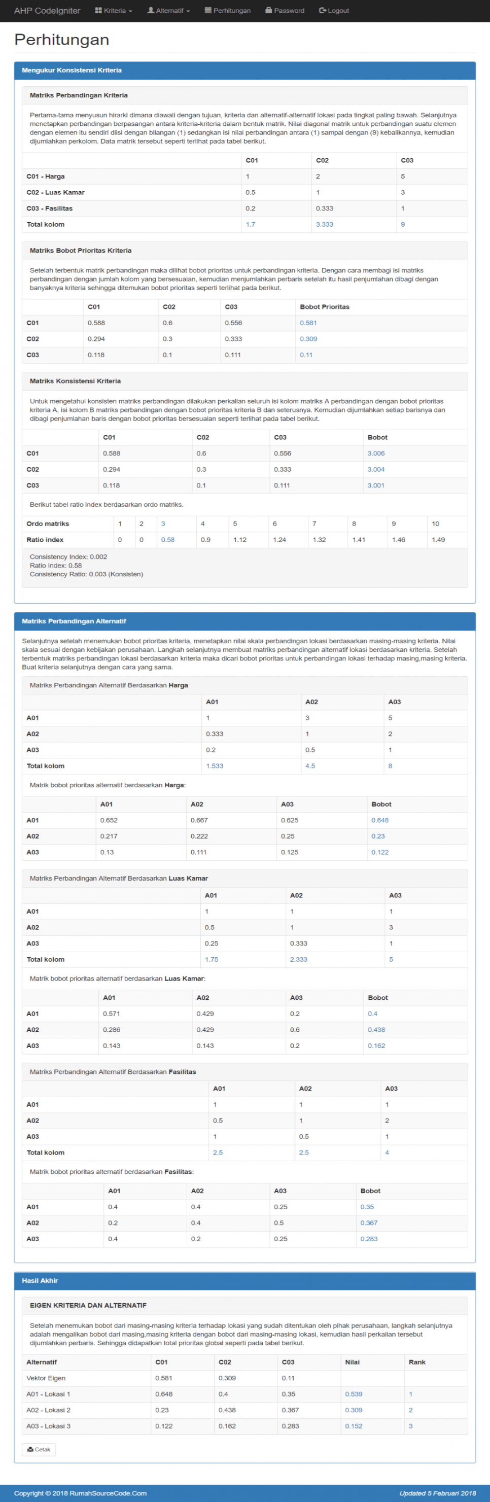 SPK Metode AHP CodeIgniter Perhitungan