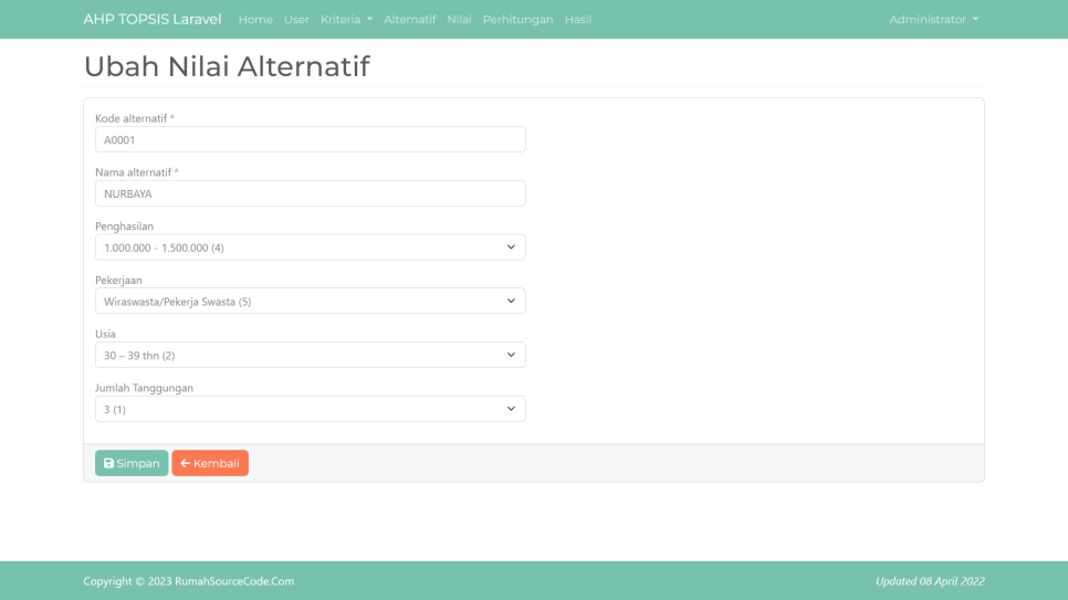 AHP TOPSIS Laravel Nilai Alternatif Ubah