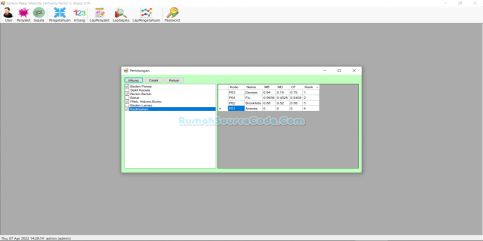 Sistem Pakar Metode Certainty Factor C Sharp Perhitungan