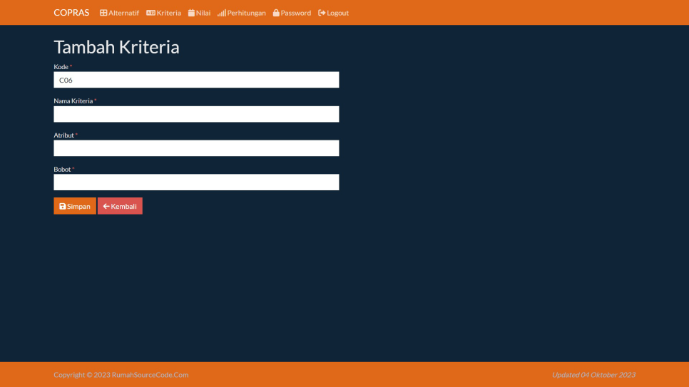 COPRAS PHP Kriteria Tambah