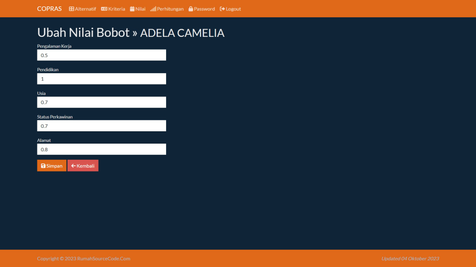 COPRAS PHP Nilai Alternatif Ubah