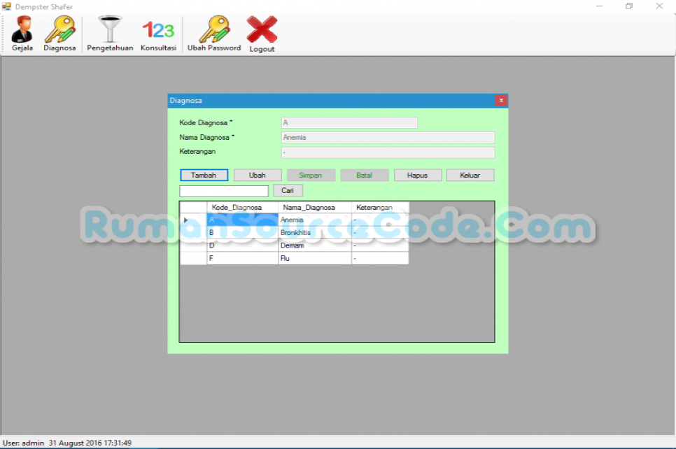 Sistem Pakar Metode Dempster Shafer VB Form Diagnosa