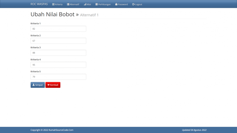 ROC WASPAS PHP Nilai Alternatif Ubah