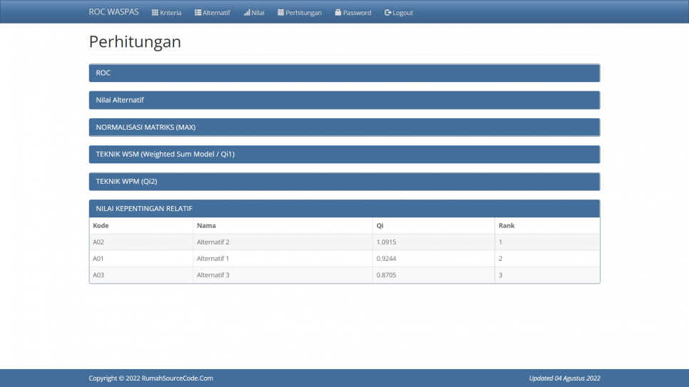 ROC WASPAS PHP Perhitungan