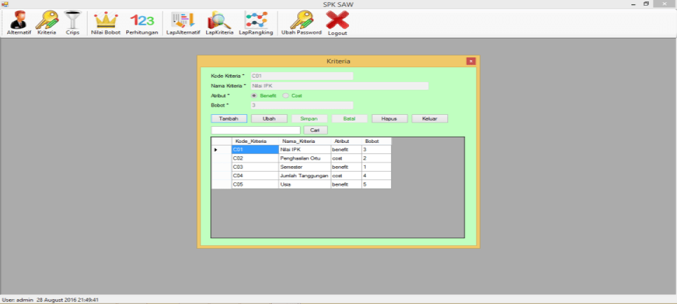 SPK Metode SAW VB Form Kriteria