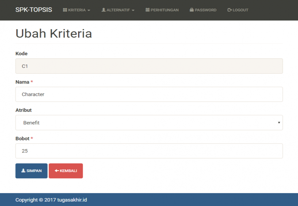 SPK Metode TOPSIS CodeIgniter Tambah Ubah Kriteria